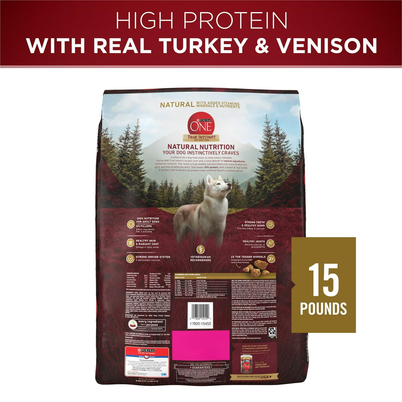 Dry Dog Food for Adults - High Protein Real Turkey & Vension - Support Strong Muscles, Healthy Heart - Natural Dog Food with Added Vitamins, Minerals and Nutrients - 15 lb Bag