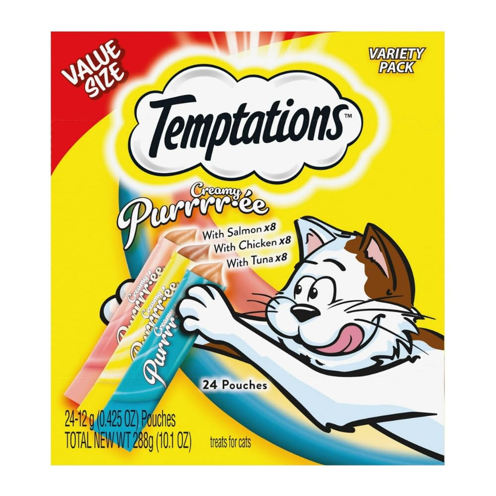 (10 Pack) Creamy Puree with Chicken, Salmon, and Tuna Lickable, Squeezable Cat Treats 24-Packs of 12G Pouches