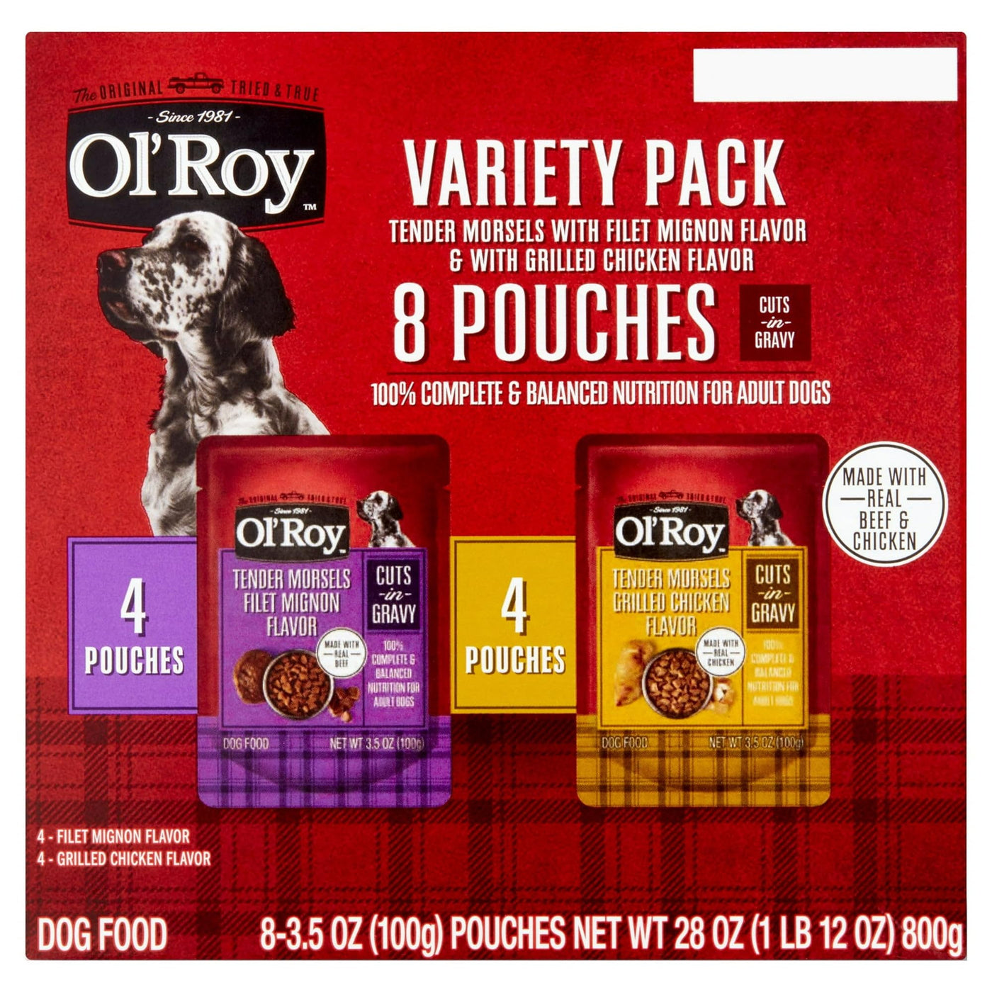 Cuts in Gravy Wet Dog Food Variety Pack - Tender Morsels Filet Mignon Flavor and Tender Morsels Grilled Chicken Flavor - 3.5 oz (8 Pack)