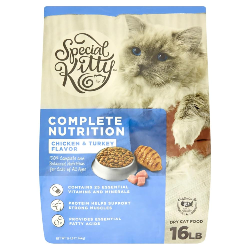 Chicken & Turkey Flavor Kibble Dry Cat Food for Cats, Complete Nutrition, 16 lb Bag