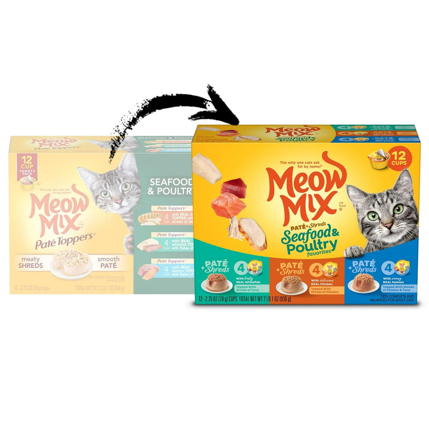 Trase A Paté & Shreds Wet Cat Food Variety Pack, Seafood & Poultry Favorites - 12 Cups, 2.75 Oz. Each - 100% Complete and Balanced Wet Cat Food