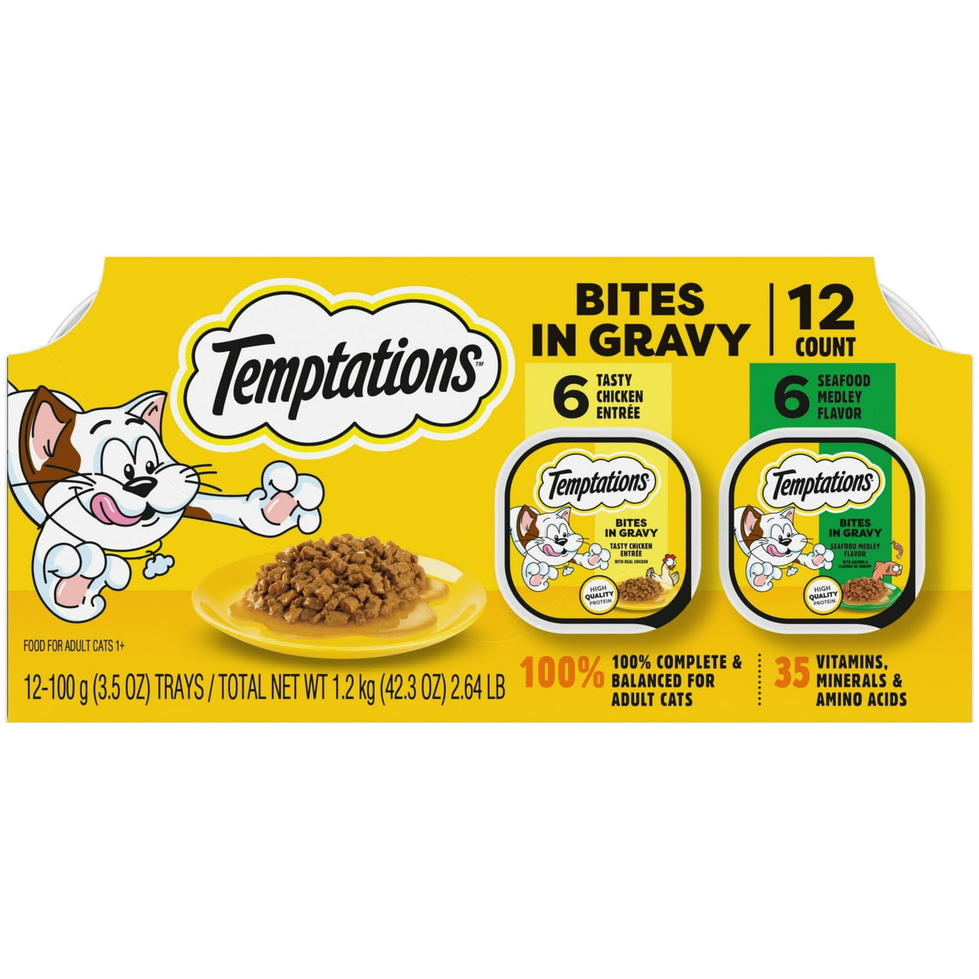 (4 Pack) Bites in Gravy Chicken & Seafood Variety Adult Cat Food - Complete and Balanced Cat Food for Adult Maintenance - Formulated Without Grains, Corn, or Soy - 2.64 lb
