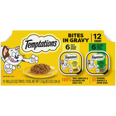 (4 Pack) Bites in Gravy Chicken & Seafood Variety Adult Cat Food - Complete and Balanced Cat Food for Adult Maintenance - Formulated Without Grains, Corn, or Soy - 2.64 lb
