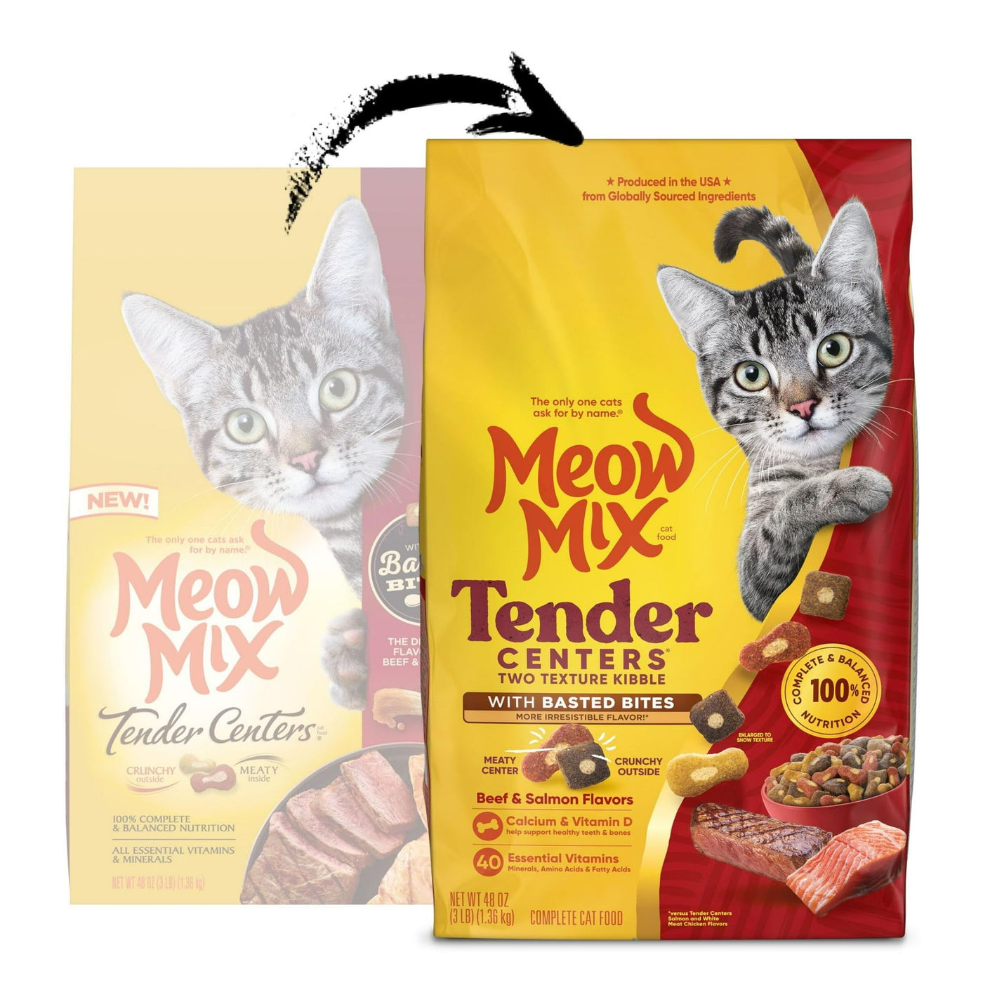 Tender Centers Dry Cat Food with Basted Bites - Beef & Salmon Flavors - Meaty Inside Crunchy Outside - Complete and Balanced Nutrition for Adult Cats - 3 Pound Bag