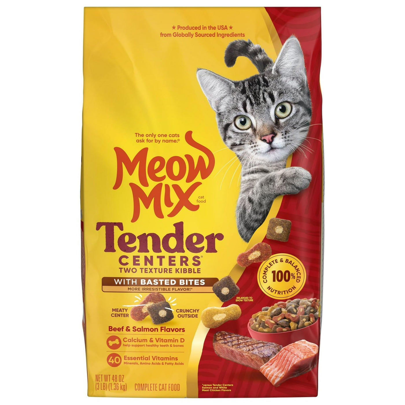 Tender Centers Dry Cat Food with Basted Bites - Beef & Salmon Flavors - Meaty Inside Crunchy Outside - Complete and Balanced Nutrition for Adult Cats - 3 Pound Bag
