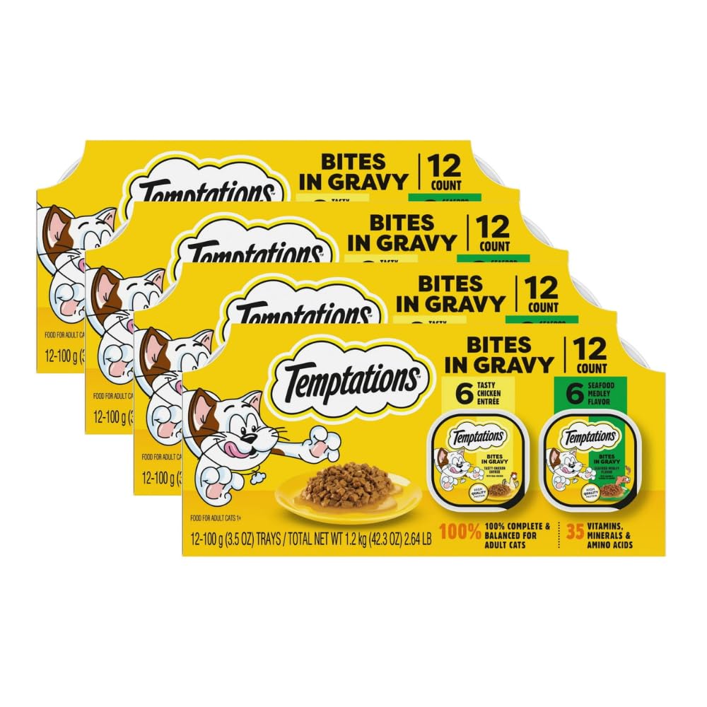 (4 Pack) Bites in Gravy Chicken & Seafood Variety Adult Cat Food - Complete and Balanced Cat Food for Adult Maintenance - Formulated Without Grains, Corn, or Soy - 2.64 lb