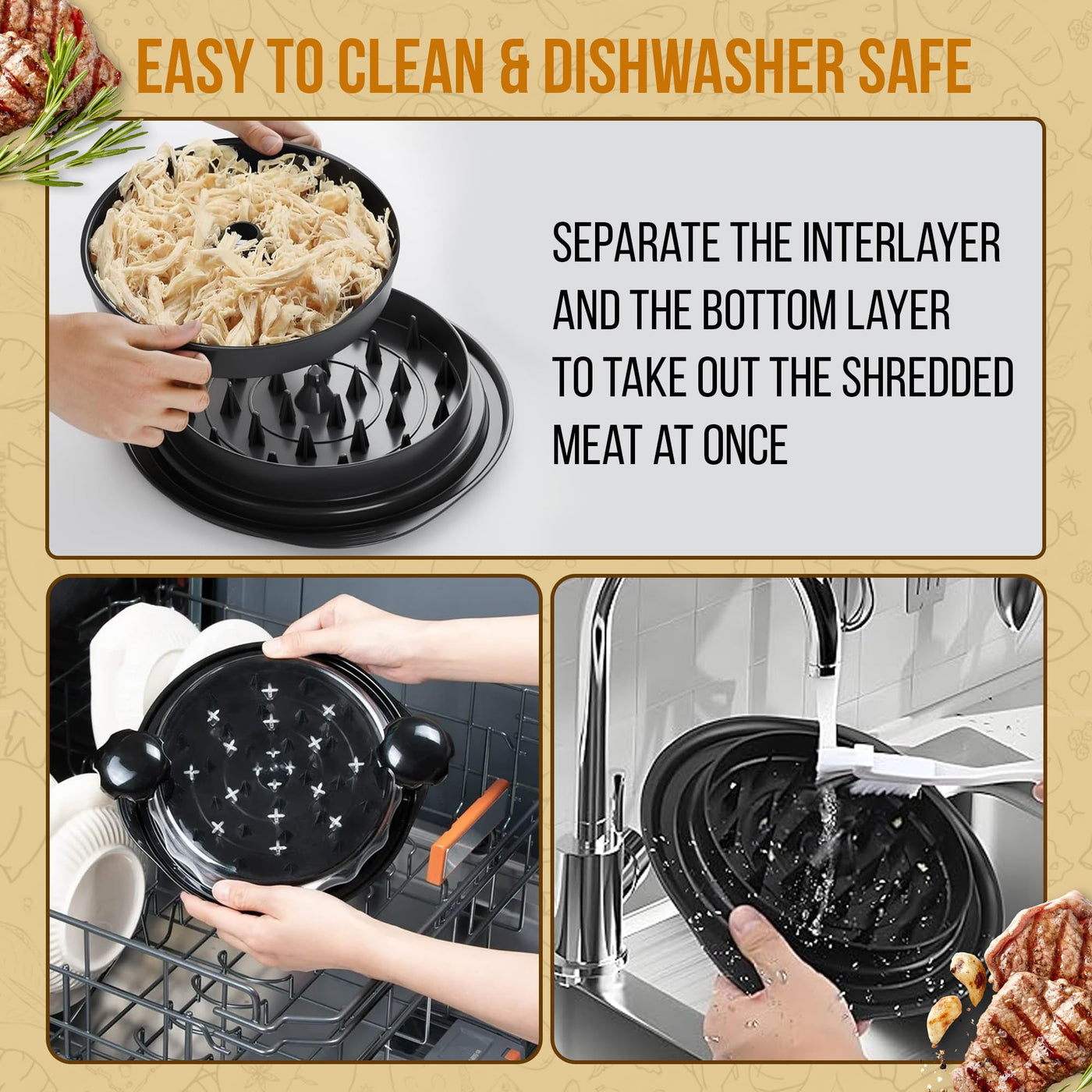 Trase A Chicken Shredder Tool Twist with Tongs & Cleaning Brush|Meat Shredder with Transparent Lid with Anti Slip Base