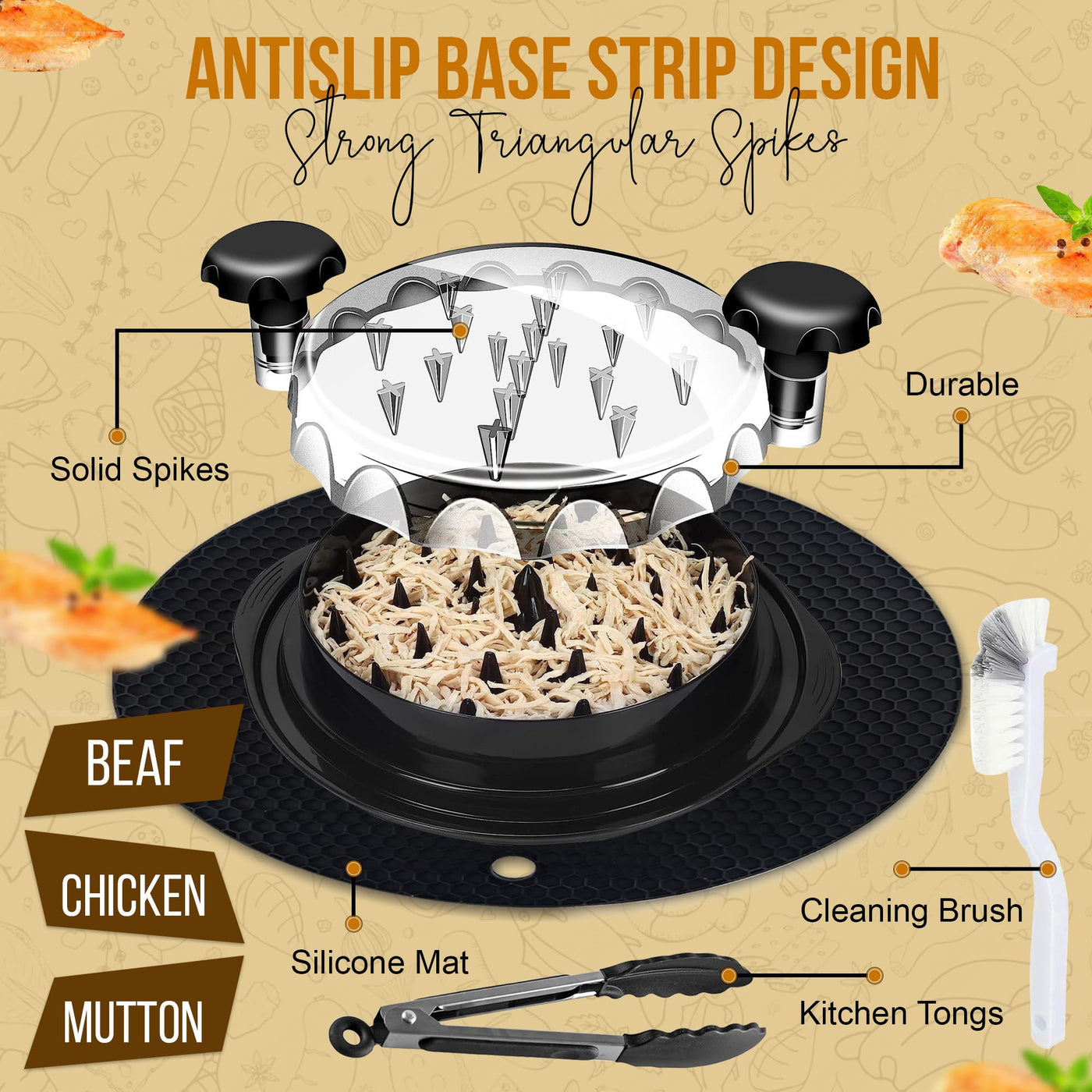 Trase A Chicken Shredder Tool Twist with Tongs & Cleaning Brush|Meat Shredder with Transparent Lid with Anti Slip Base