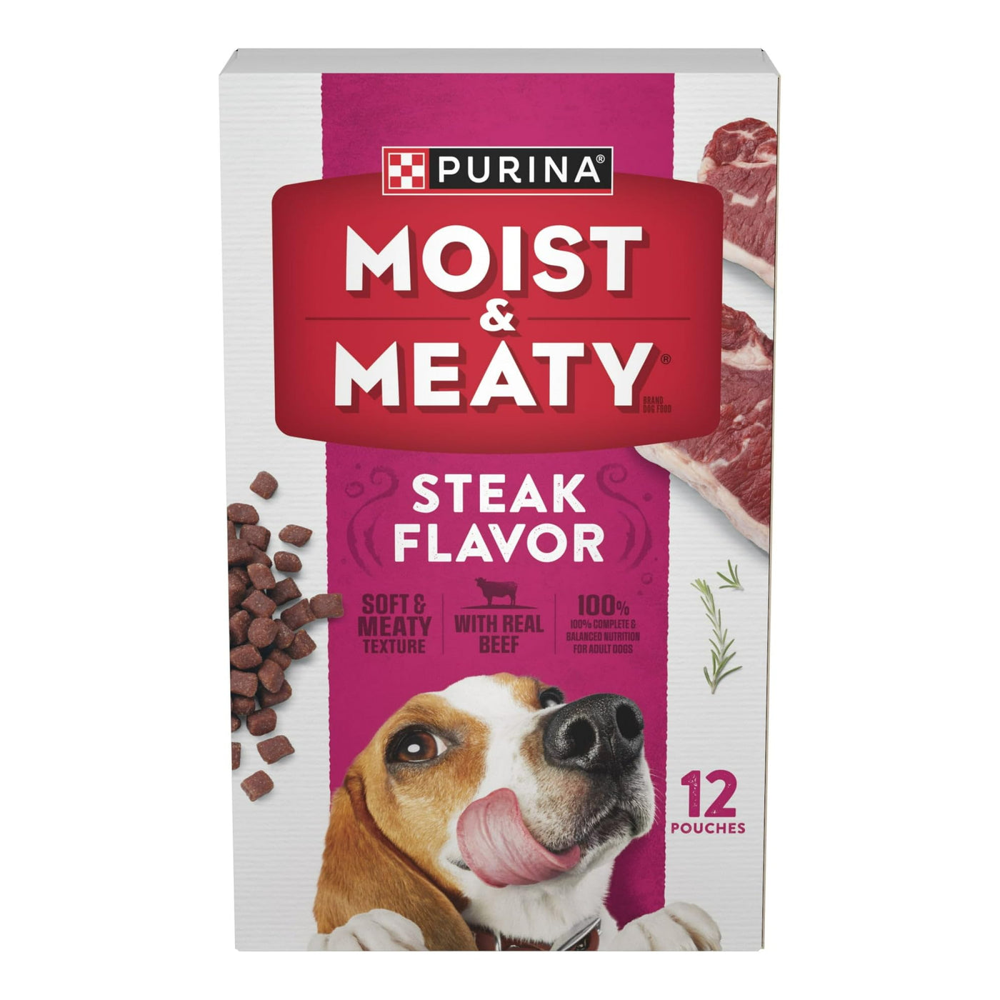 Trase A Moist and Meaty Dry Dog Food - High Protein Steak Flavor with Real Beef - Complete & Balanced Nutrition for Adult Dogs - 12 oz Pouches (6 Pack)