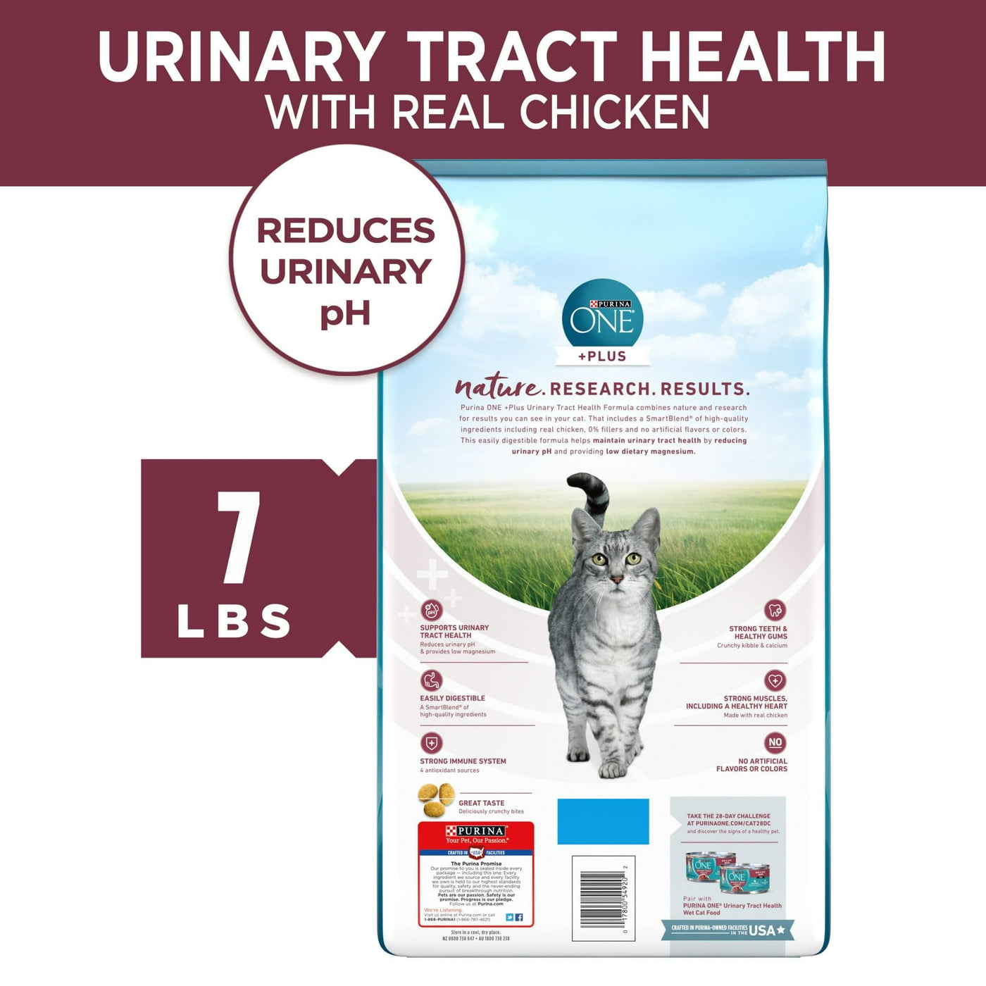 Uniary Tract Health Formula Dry Cat Food Made with Real Chicken - Crunchy Cat Dry Food Kibble - Promote Healthy Skin and a Soft, Luxurious Coat - 7 lb Bag
