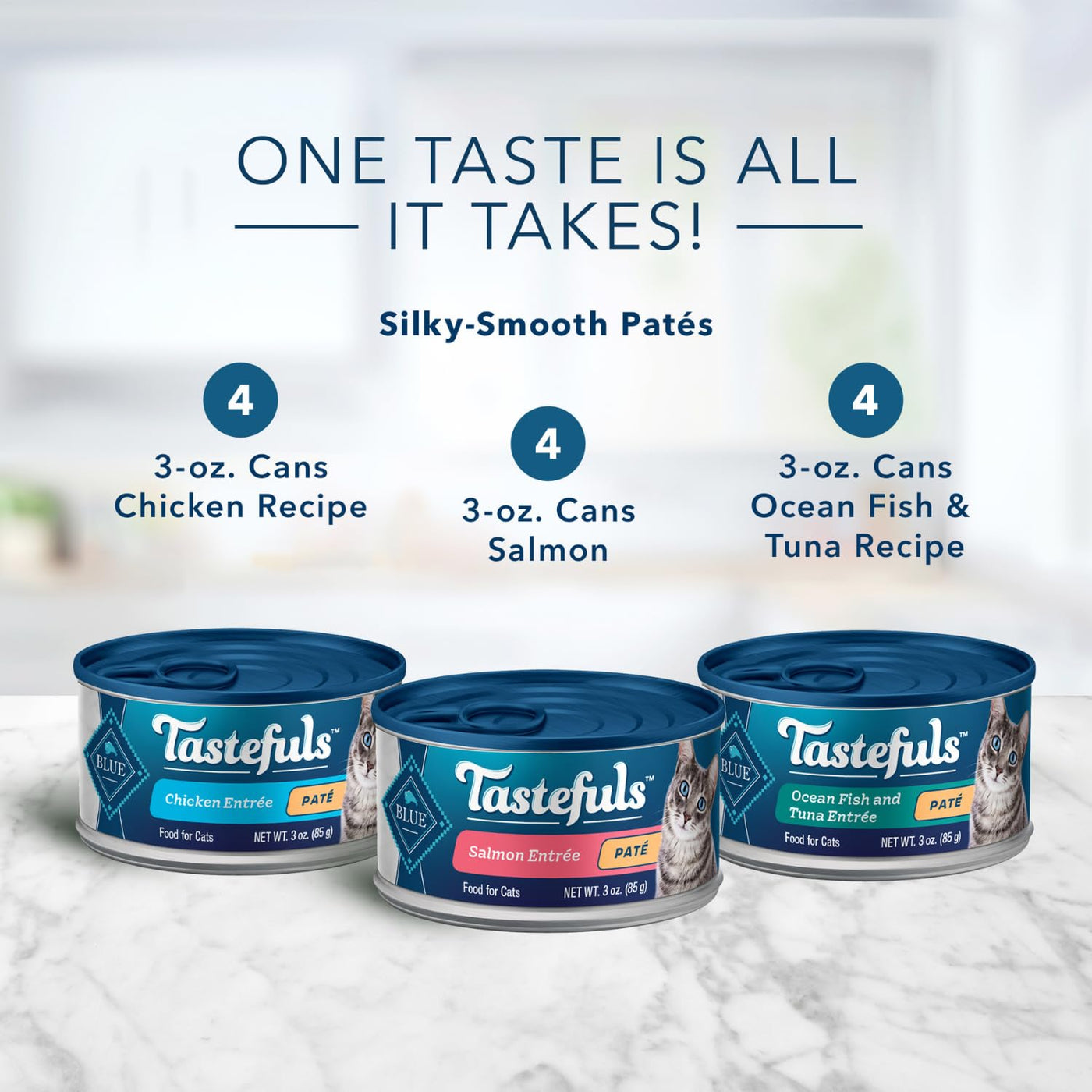 Trase A Tastefuls Natural Pate Wet Cat Food Variety Pack, Salmon, Chicken, Ocean Fish & Tuna Entrees 3-oz Cans (12 Count - 4 of Each Flavor)