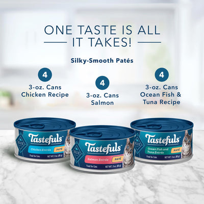 Trase A Tastefuls Natural Pate Wet Cat Food Variety Pack, Salmon, Chicken, Ocean Fish & Tuna Entrees 3-oz Cans (12 Count - 4 of Each Flavor)