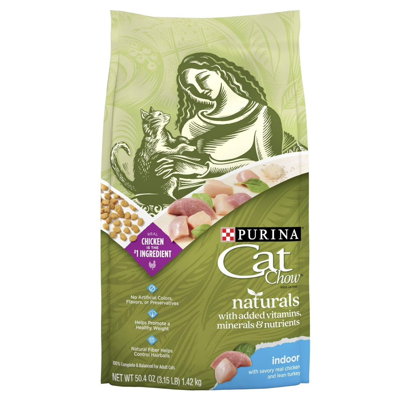 Natural Indoor Dry Cat Food with Added Vitamins, Mineral, and Nutrients - Chicken & Turkey - Complete and Balanced for Adult Cats - Natural Fiber Helps Controls Hairballs - 3.15 lb Bag