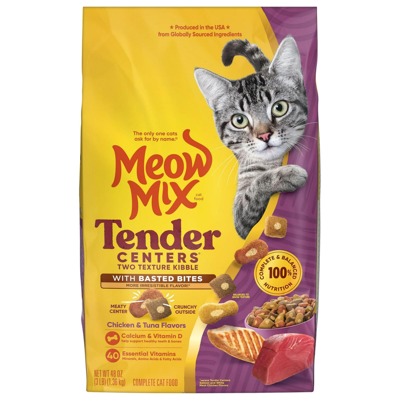 Tender Centers Dry Cat Food with Basted Bites - Chicken & Tuna Flavors - Meaty Center Surrounded by a Crunchy Outer Layer - 3 Pound Bag