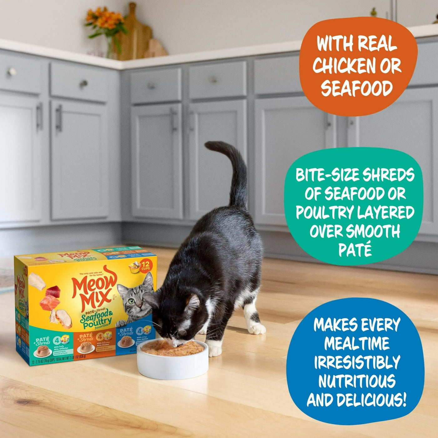 Trase A Paté & Shreds Wet Cat Food Variety Pack, Seafood & Poultry Favorites - 12 Cups, 2.75 Oz. Each - 100% Complete and Balanced Wet Cat Food