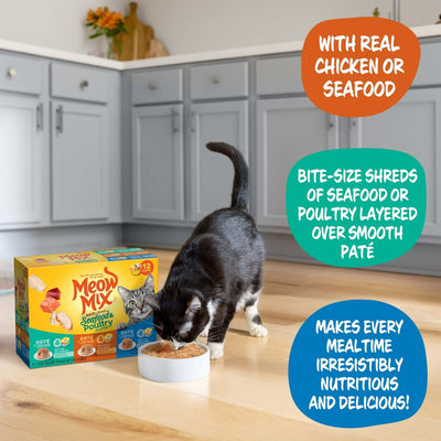 Trase A Paté & Shreds Wet Cat Food Variety Pack, Seafood & Poultry Favorites - 12 Cups, 2.75 Oz. Each - 100% Complete and Balanced Wet Cat Food