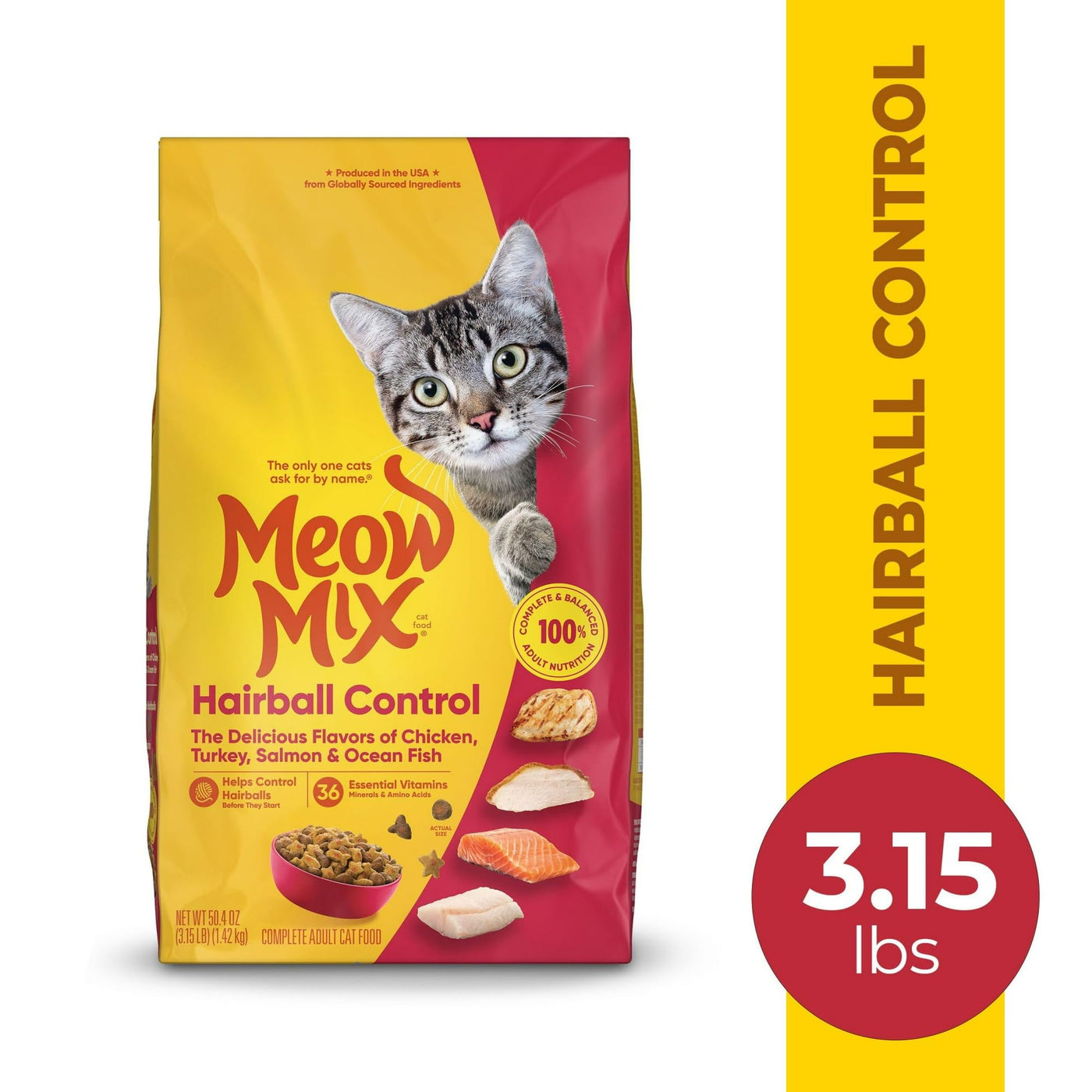 Hairball Control Dry Cat Food - Made with The Delicious Flavors of Chicken, Turkey, Salmon and Ocean Fish - Complete and Balanced Nutrition for Adult Cats - 3.15 Pound Bag
