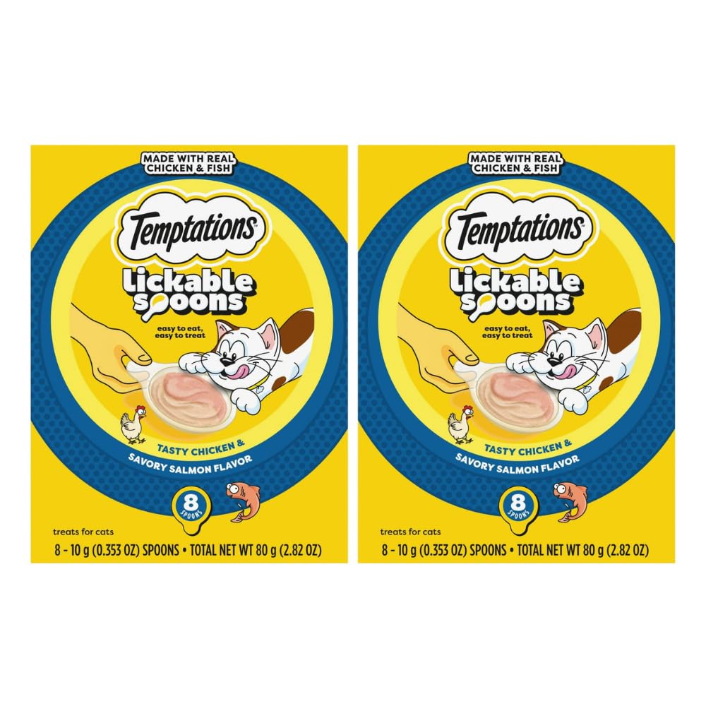 (2 Pack) Lickable Spoons Wet Cat Treat - Chicken and Savory Salmon - Creamy Texture with Added Vitamins and Minerals - No Fillers or Artificial Flavors - 10 G, 8 Ct x Pack of 2
