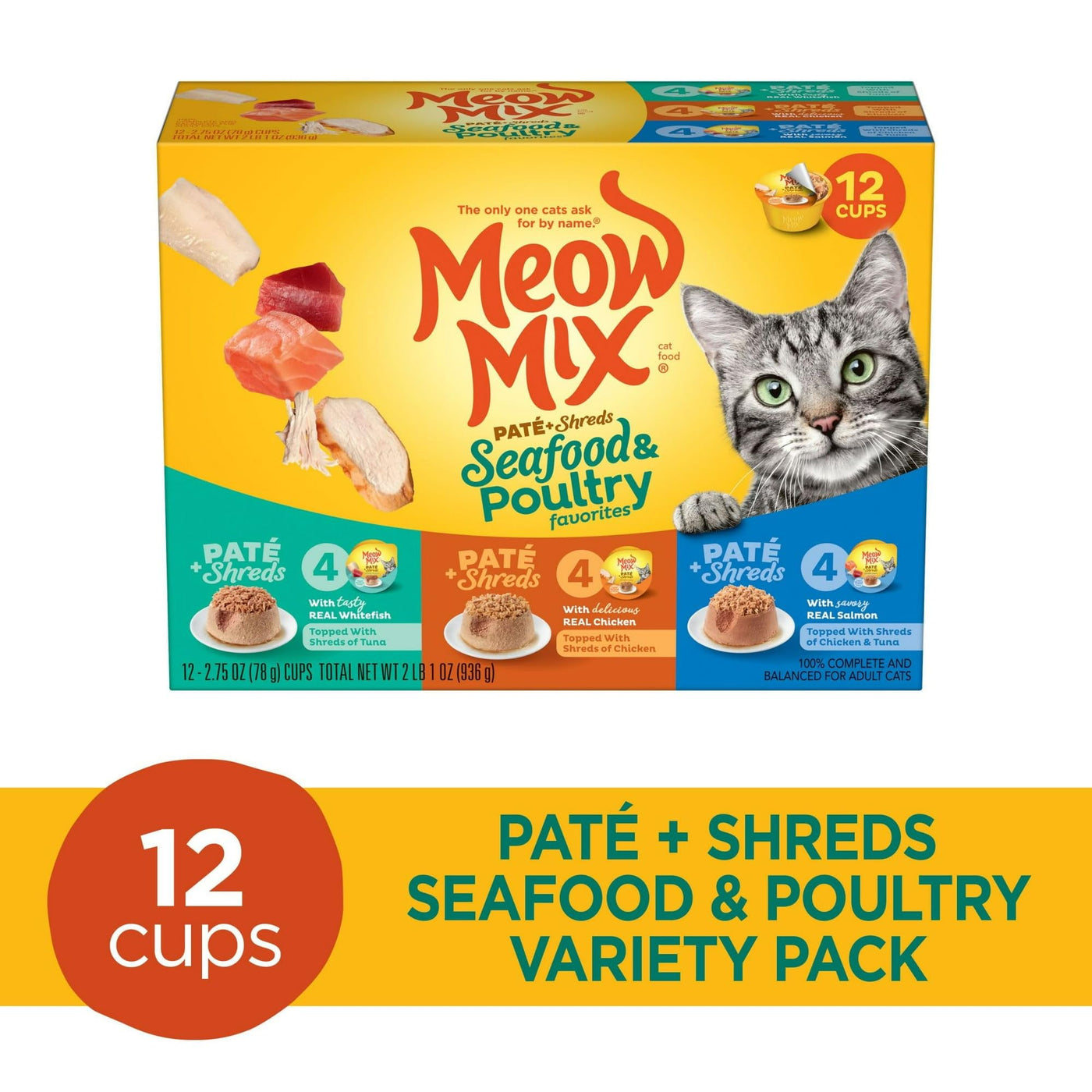 Trase A Paté & Shreds Wet Cat Food Variety Pack, Seafood & Poultry Favorites - 12 Cups, 2.75 Oz. Each - 100% Complete and Balanced Wet Cat Food