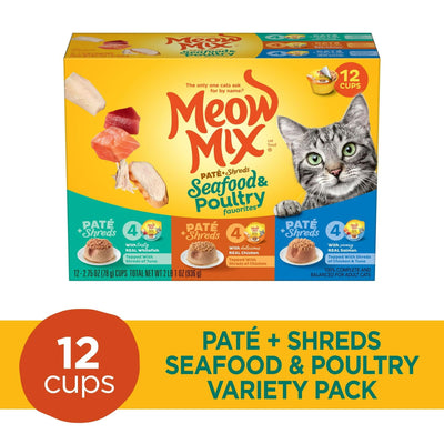 Trase A Paté & Shreds Wet Cat Food Variety Pack, Seafood & Poultry Favorites - 12 Cups, 2.75 Oz. Each - 100% Complete and Balanced Wet Cat Food