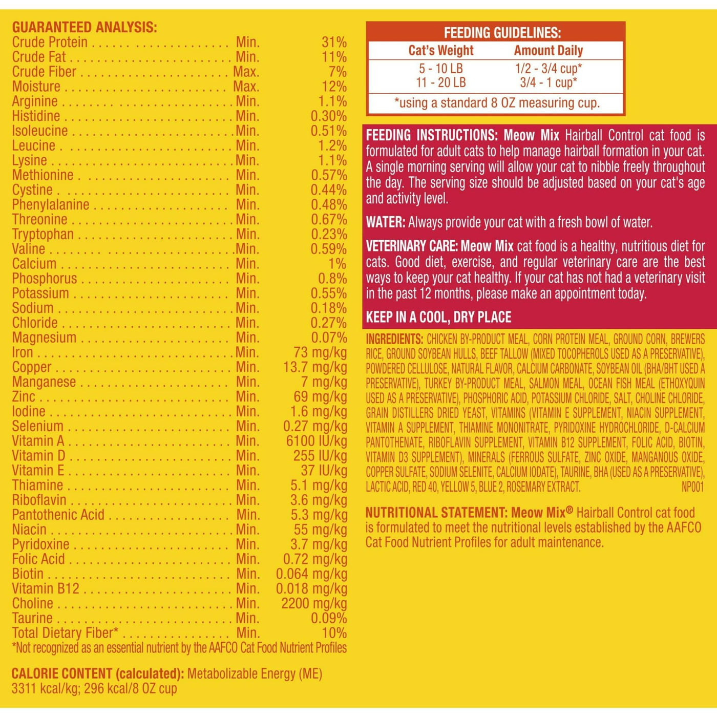 Hairball Control Dry Cat Food - Made with The Delicious Flavors of Chicken, Turkey, Salmon and Ocean Fish - Complete and Balanced Nutrition for Adult Cats - 3.15 Pound Bag