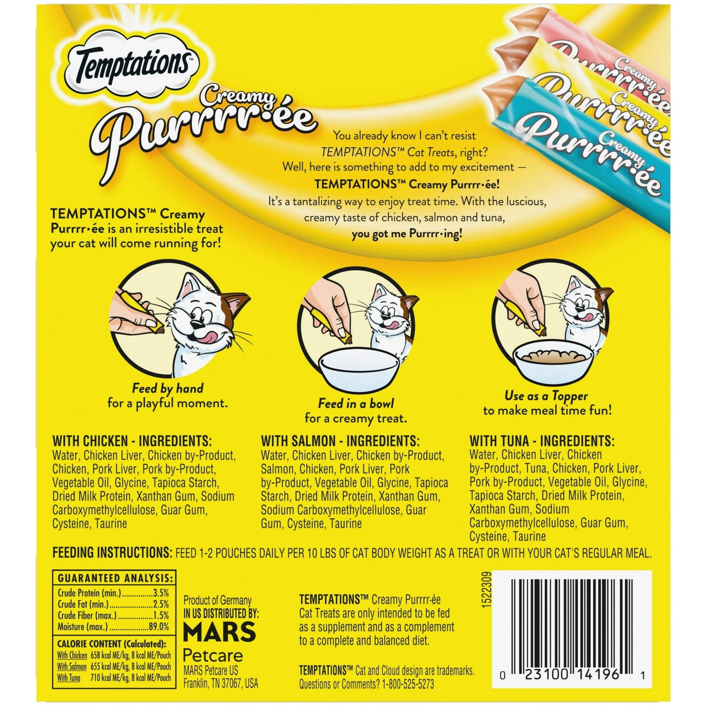 (10 Pack) Creamy Puree with Chicken, Salmon, and Tuna Lickable, Squeezable Cat Treats 24-Packs of 12G Pouches