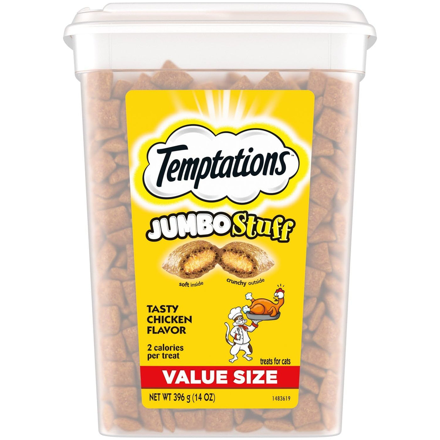 Jumbo Stuff Tasty Chicken Flavor Crunchy and Soft Dry Cat Treats - Complete and Balanced Nutrition for Adult Cat Maintenance - 14 oz Tub