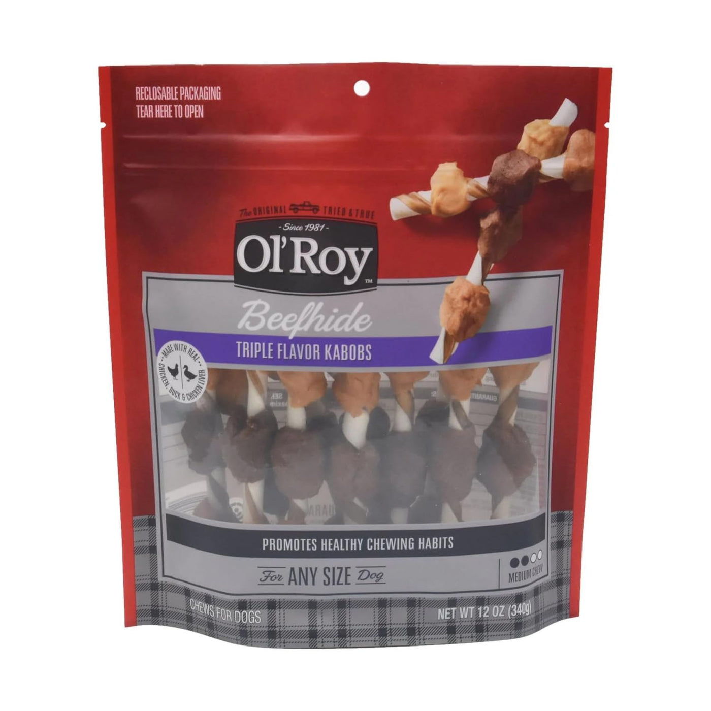 Triple Flavor Kabobs Rawhide Chews Dry for All Dogs, Made with Real Chicken, Duck & Chicken Liver Beefhide, Triple Flavor kabobs, 12 oz