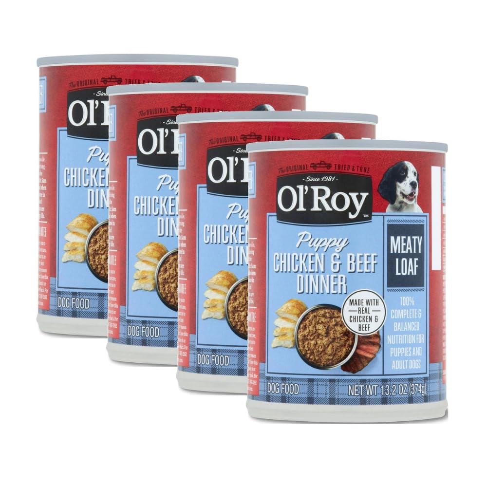 (4 Pack) Chicken & Beef Dinner Meaty Loaf Wet Dog Food for Puppies, Grain Free - 13.2 Oz Can - Great Tasting Chicken and Beef Flavor Encourages Healthy Appetite
