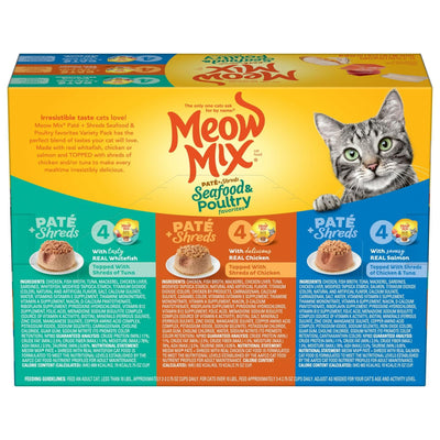 Trase A Paté & Shreds Wet Cat Food Variety Pack, Seafood & Poultry Favorites - 12 Cups, 2.75 Oz. Each - 100% Complete and Balanced Wet Cat Food