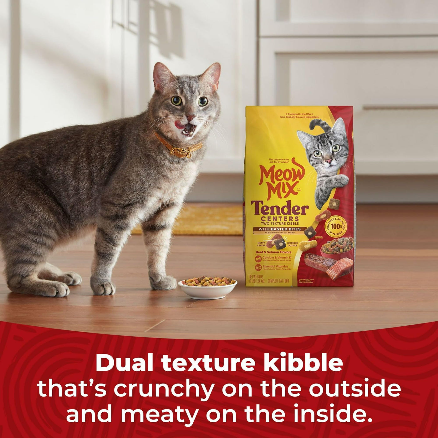 Tender Centers Dry Cat Food with Basted Bites - Beef & Salmon Flavors - Meaty Inside Crunchy Outside - Complete and Balanced Nutrition for Adult Cats - 3 Pound Bag