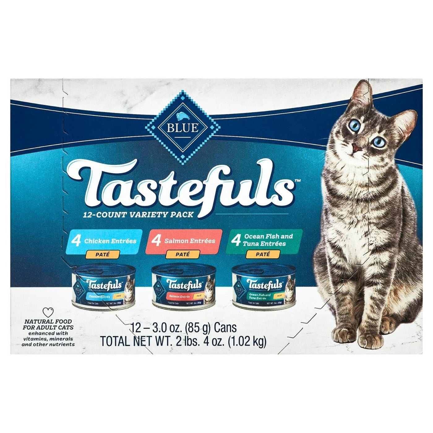Trase A Tastefuls Natural Pate Wet Cat Food Variety Pack, Salmon, Chicken, Ocean Fish & Tuna Entrees 3-oz Cans (12 Count - 4 of Each Flavor)
