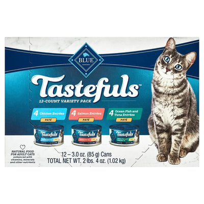 Trase A Tastefuls Natural Pate Wet Cat Food Variety Pack, Salmon, Chicken, Ocean Fish & Tuna Entrees 3-oz Cans (12 Count - 4 of Each Flavor)