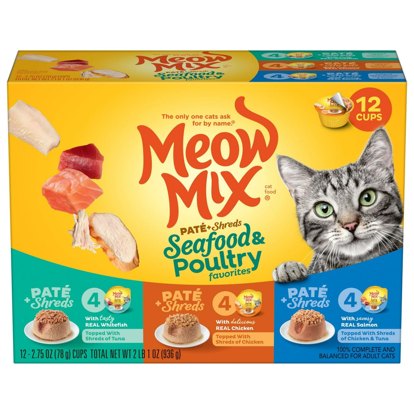 Trase A Paté & Shreds Wet Cat Food Variety Pack, Seafood & Poultry Favorites - 12 Cups, 2.75 Oz. Each - 100% Complete and Balanced Wet Cat Food